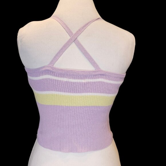 Y2K Pastel Cropped Halter Top Purple Ribbed Knit Cotton Criss Cross Straps Sz M - Picture 6 of 11